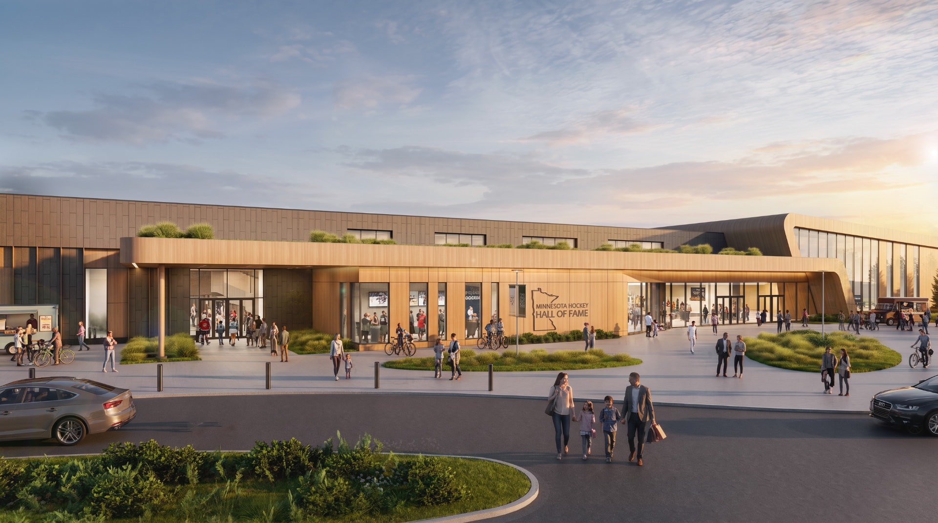 Minnesota Hockey Hall of Fame architectural rendering at sunset