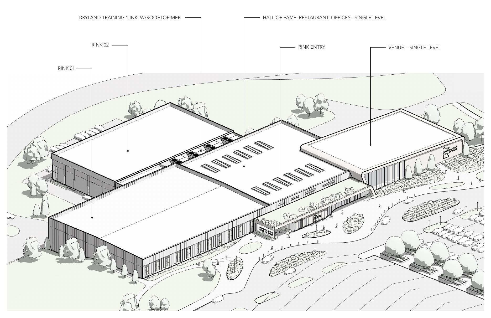 Architectural overview of the Hall of Fame and connected rink complex