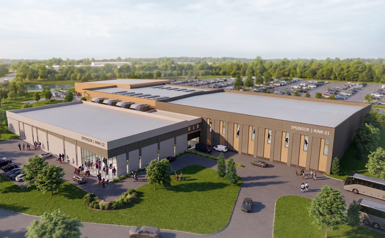 Aerial view of the Hall of Fame and connected rinks